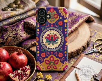 Paars, telefoonhoesje volkskunst, ontwerp granaatappelmandala, lotusbloempatroon, stevige beschermhoes