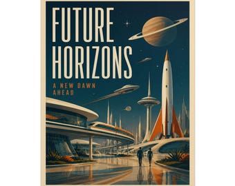 May include: A retro-style poster titled FUTURE HORIZONS A NEW DAWN AHEAD, featuring a futuristic city with a monorail, a tall rocket, flying saucers, and a ringed planet in a dark blue sky, with two figures walking on a reflective ground.