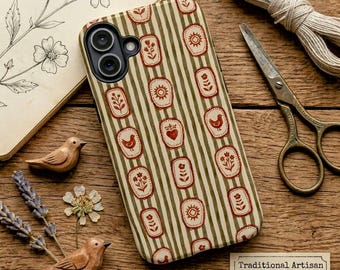 Rustiek telefoonhoesje met volkskunst, primitief gestreept vogelhart, stevige beschermhoes landelijke boerderij