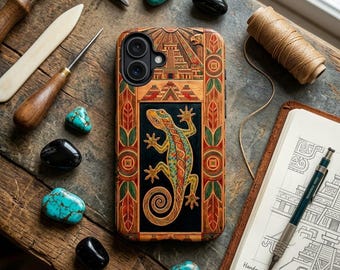 Funda para teléfono con diseño de gecko tribal vintage, arte geométrico de lagarto, funda protectora resistente con estampado étnico azteca.