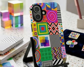 Vintage, retro geometrisch telefoonhoesje, op-art patchwork, kleurrijke Bauhaus-illusie, stevige beschermhoes