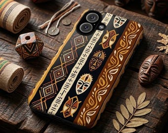 Funda para teléfono con diseño de máscara africana vintage, estampado étnico tribal, arte geométrico de safari, funda protectora resistente.