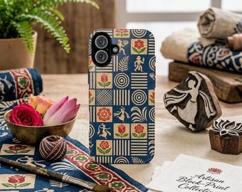 Vintage telefoonhoesje uit oude mythologie, marineblauw mozaïek, geometrische roos, stevige beschermhoes