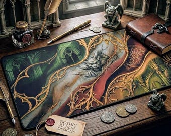 Alfombrilla de ratón gótica vintage con gárgola, arquitectura catedralicia de estilo Dark Academia, alfombrilla de escritorio grande de fantasía con filigrana ornamentada.