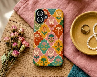 Vintage retro bloemen volkskunst telefoonhoesje halverwege de eeuw moderne roze tulp beschermhoes