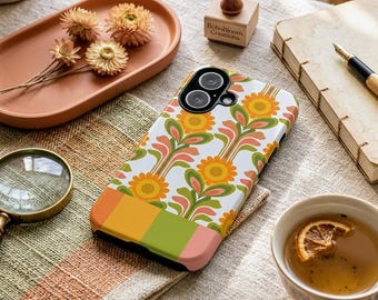 Funda para teléfono estilo retro de los años 70 con estampado floral, estilo hippie, bloques de color, resistente y protectora.