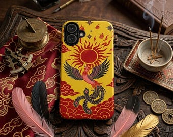Phoenix, telefoonhoesje mythische vogel, rode zon, Japanse wolken, mythologie tattookunst, stoere omslag