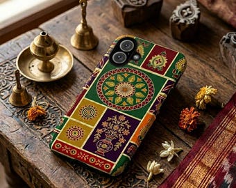 Boho, etnisch Indiaas telefoonhoesje, mandala bloemenmozaïek, kleurrijke volkskunst, stevige beschermhoes