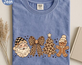 Leopard Christmas Comfort Colors® Shirt Cute Santa Gingerbread Tee Xmas Bow Christmas Tree TShirt Trendy Beige Gingham Holiday T-Shirt