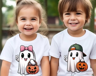 Custom Ghost Halloween With Kid Names Shirt, Custom Halloween Tshirt, Boy Girl Halloween Shirt, Fall Pumpkin Tee, Coquette Bow Spooky Season
