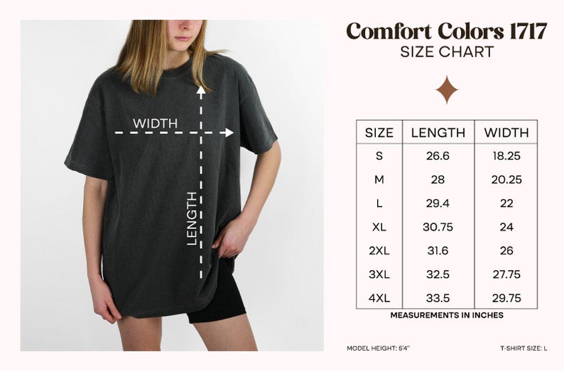 May include: A charcoal grey short-sleeve t-shirt with white dashed lines indicating width and length measurements. Next to the shirt is a Comfort Colors 1717 size chart table with columns for size, length, and width in inches, ranging from S to 4XL.