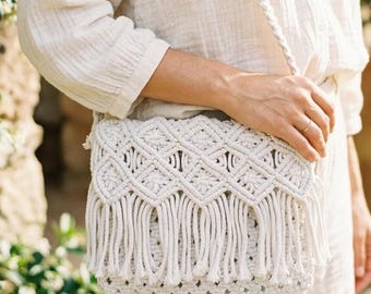 Bolso de macramé blanco hecho a mano | Bolso bohemio de algodón con nudo | Bolso de crochet minimalista | Bolso playero de verano | Regalo para ella
