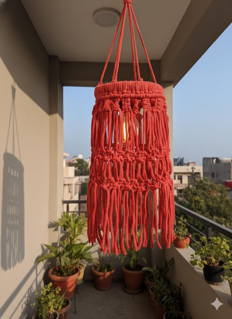 Handmade red macrame hanging lampshade with warm ambient light, boho cotton pendant lamp shade for cozy living room and bedroom decor