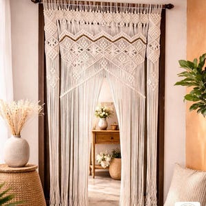 Handmade Macrame Curtain with Beads - Boho Door Window Panel, Custom Size Cotton Room Divider