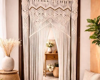 Cortina de macramé hecha a mano con cuentas | Cortina estilo boho para puerta o ventana a medida | Separador de ambientes de algodón | Tamaños personalizados disponibles