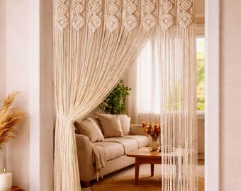 Cortina de macramé hecha a mano con cuentas | Cortina bohemia para puerta y ventana a medida | Decoración de algodón para separar ambientes | Tamaños personalizados disponibles