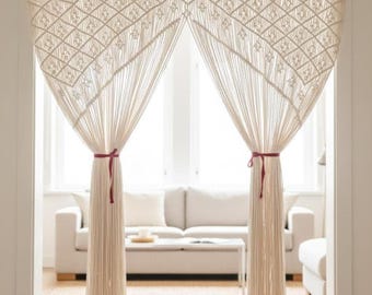 Cortina de macramé, separador de ambientes de algodón natural, tapiz de pared estilo bohemio.