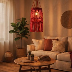 Handmade red macrame hanging lampshade with warm ambient light, boho cotton pendant lamp shade for cozy living room and bedroom decor