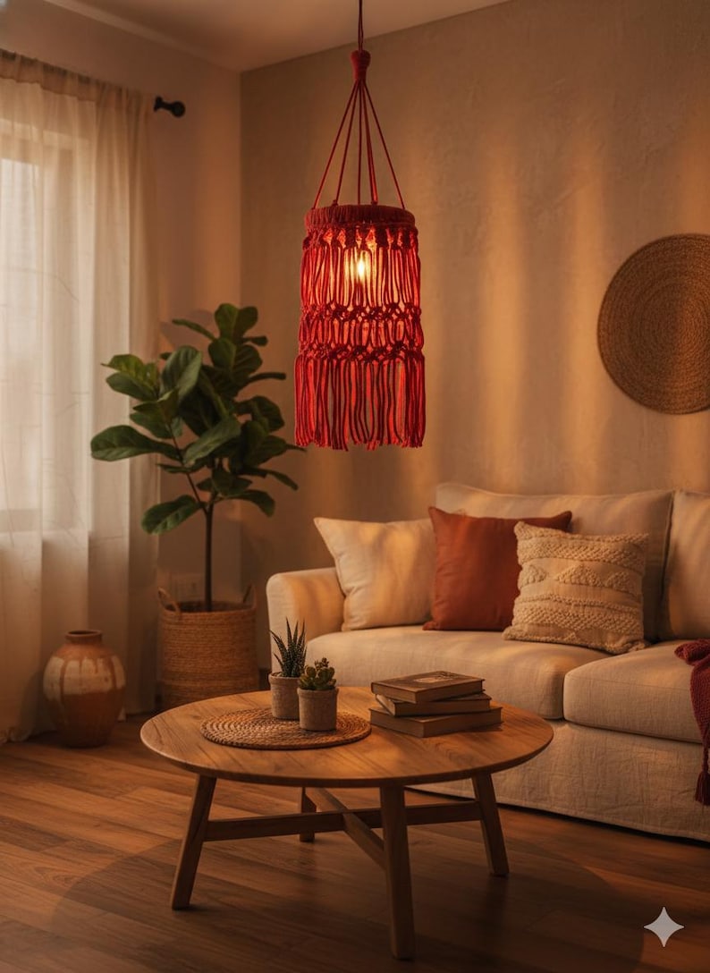 Handmade red macrame hanging lampshade with warm ambient light, boho cotton pendant lamp shade for cozy living room and bedroom decor