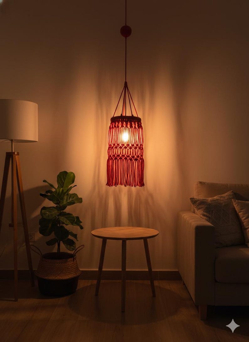 Handmade red macrame hanging lampshade with warm ambient light, boho cotton pendant lamp shade for cozy living room and bedroom decor