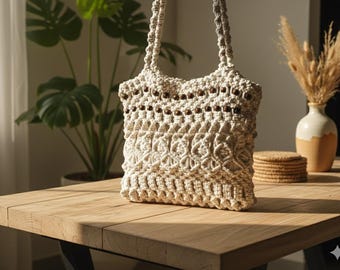 Bolso de macramé blanco hecho a mano | Bolso bohemio de algodón con nudo | Bolso de crochet minimalista | Bolso playero de verano | Regalo para ella