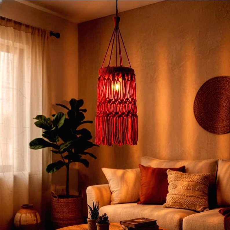 Handmade red macrame hanging lampshade with warm ambient light, boho cotton pendant lamp shade for cozy living room and bedroom decor