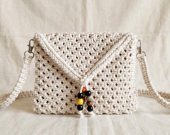 Bolso bandolera de macramé – Bolso bohemio de algodón con cuentas de madera