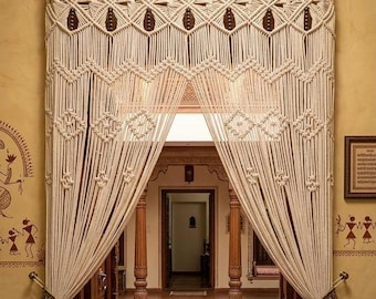 Handmade Macrame Curtain with Beads | Custom Size Boho Door Window Curtain | Cotton Room Divider Decor | Custom sizes available