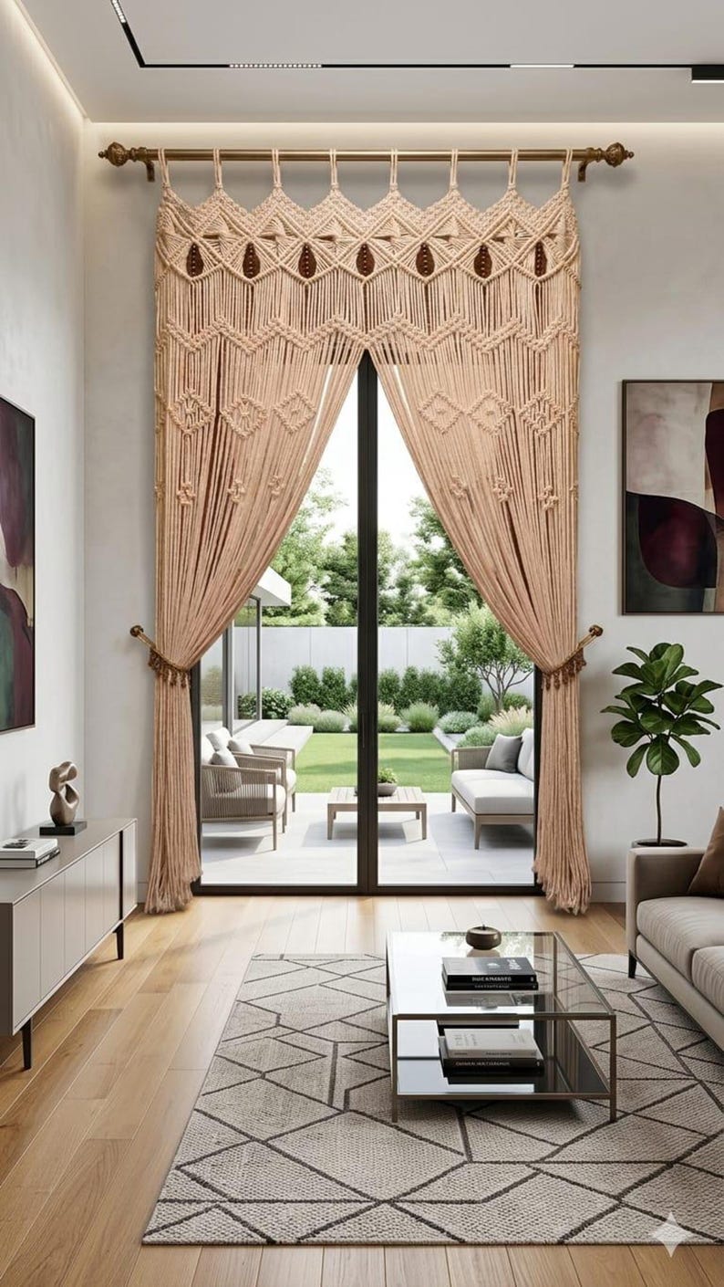 Handmade Macrame Curtain with Beads | Custom Size Boho Door Window Curtain | Cotton Room Divider Decor | Custom sizes available