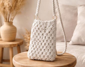 Bolso de macramé blanco hecho a mano | Bolso bohemio de algodón con nudo | Bolso de crochet minimalista | Bolso playero de verano | Regalo para ella