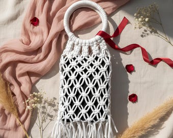 Bolso de macramé hecho a mano, estilo bohemio, de algodón, bandolera pequeña de macramé, bolso de playa de verano, regalo para mujer.