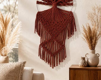 Árbol de la vida de macramé hecho a mano, atrapasueños, marrón óxido, estilo bohemio, tapiz de pared, algodón tejido, decoración de pared, decoración de dormitorio bohemia, regalo de inauguración de casa