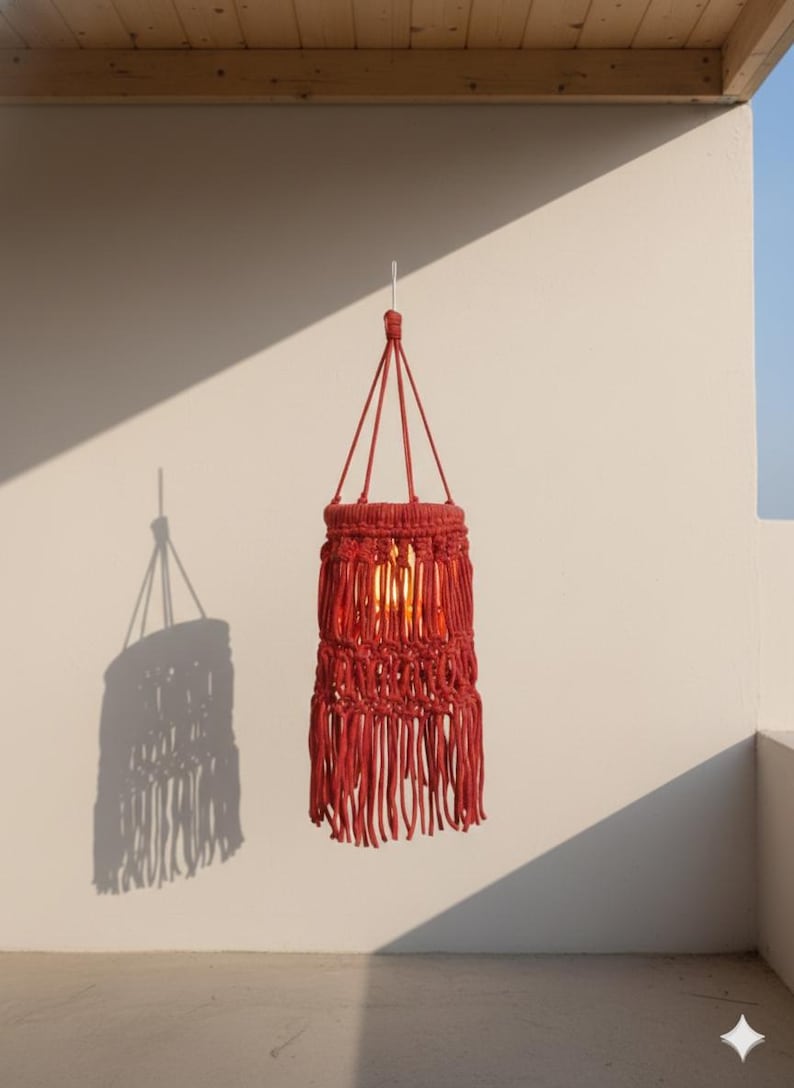 Handmade red macrame hanging lampshade with warm ambient light, boho cotton pendant lamp shade for cozy living room and bedroom decor