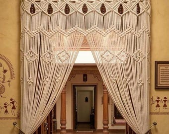 Cortina de Macramé Hecha a Mano con Cuentas | Cortina Boho para Puerta y Ventana a Medida | Separador de Ambientes de Algodón