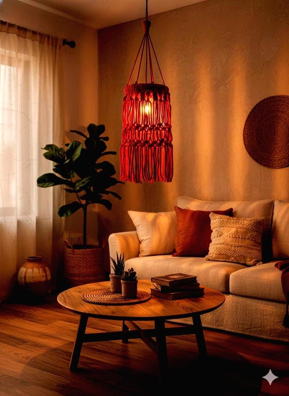 Handmade Red Macrame Hanging Lampshade | Cozy Boho Pendant Light | Cotton Ceiling Lamp Shade for Warm Home Decor
