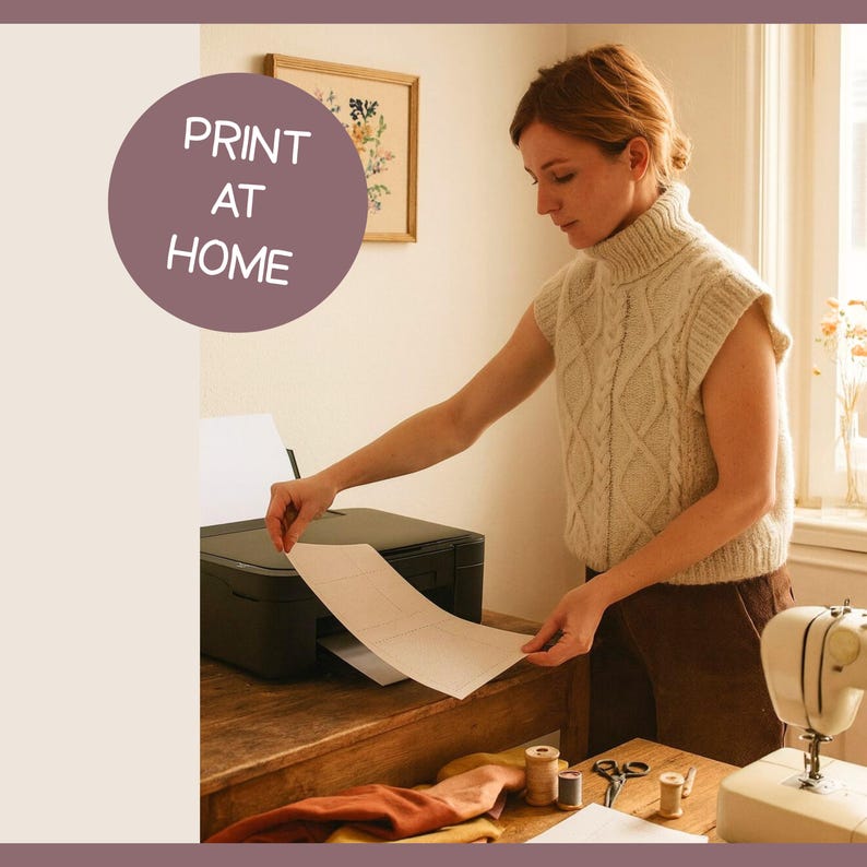 May include: A woman printing a document from a black printer. The image includes the text "PRINT AT HOME" in a circular design. The woman is wearing a cream-colored cable-knit sweater vest. Sewing supplies are on the wooden table.