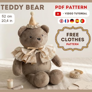May include: A plush teddy bear, 20.4 inches tall, wearing a beige hat and ruffled collar. The bear has a heart-shaped nose and is part of a PDF pattern with a video tutorial. The image also includes the text "FREE CLOTHES PATTERN".