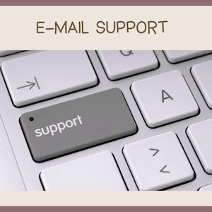 May include: Close-up of a computer keyboard with the word "support" on a gray key. The text "E-MAIL SUPPORT" is above the keyboard. White keys surround the gray key, with an arrow key visible.