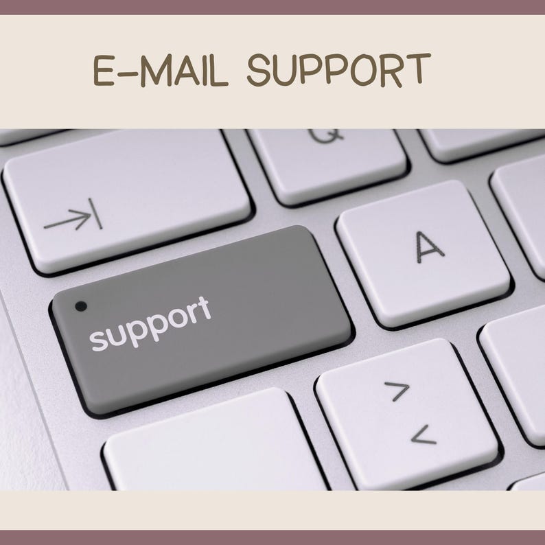 May include: Close-up of a computer keyboard with the word "support" on a gray key. The text "E-MAIL SUPPORT" is above the keyboard. White keys surround the gray key, with an arrow key visible.
