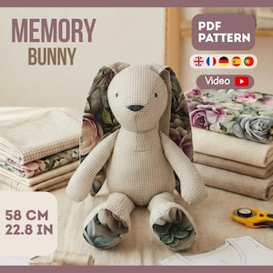 Modello coniglietto della memoria + video / 40 cm / 15,7 pollici Ricordo, peluche fai da te, cucito facile, coniglietto soffice, animale di peluche