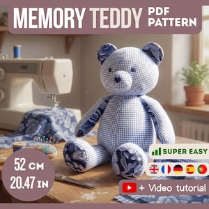 Patrón PDF de osito de peluche con memoria + videotutorial de costura para principiantes, juguete hecho con ropa de bebé