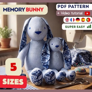 Memory Bunny-patroon + video 5 maten aandenken, doe-het-zelfknuffel, eenvoudig naaien, pluizig konijn, knuffeldier