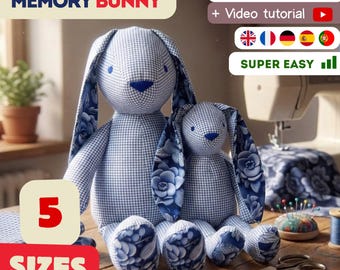 Memory Bunny Pattern + Video 5 sizes Keepsake, DIY plush toy, easy sewing, Fluffy Rabbit, stuff animal