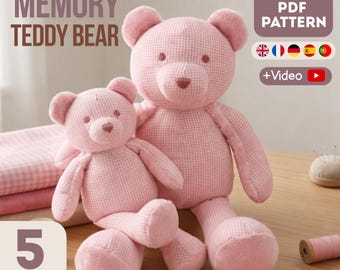 Ours en peluche à mémoire de forme 5 tailles patron PDF + couture vidéo pour débutants, cadeau DIY facile