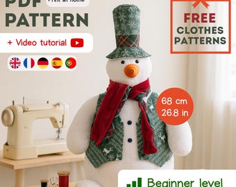 Lot de patrons de couture bonhomme de neige PDF et didacticiel vidéo pour débutants, cadeau de Noël fait main et décoration d'intérieur, kit de bricolage, ensemble de couture