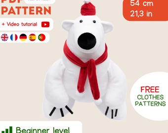 Christmas Polar Bear Sewing Pattern PDF | Plush Toy with Hat and Scarf | Video Tutorial
