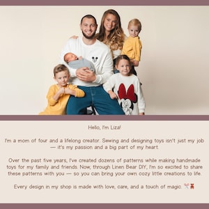 May include: A family of six poses for a photo. The adults are wearing white sweatshirts, and the children are wearing yellow and white tops. The text "Hello, I'm Liza!" is at the bottom of the image.