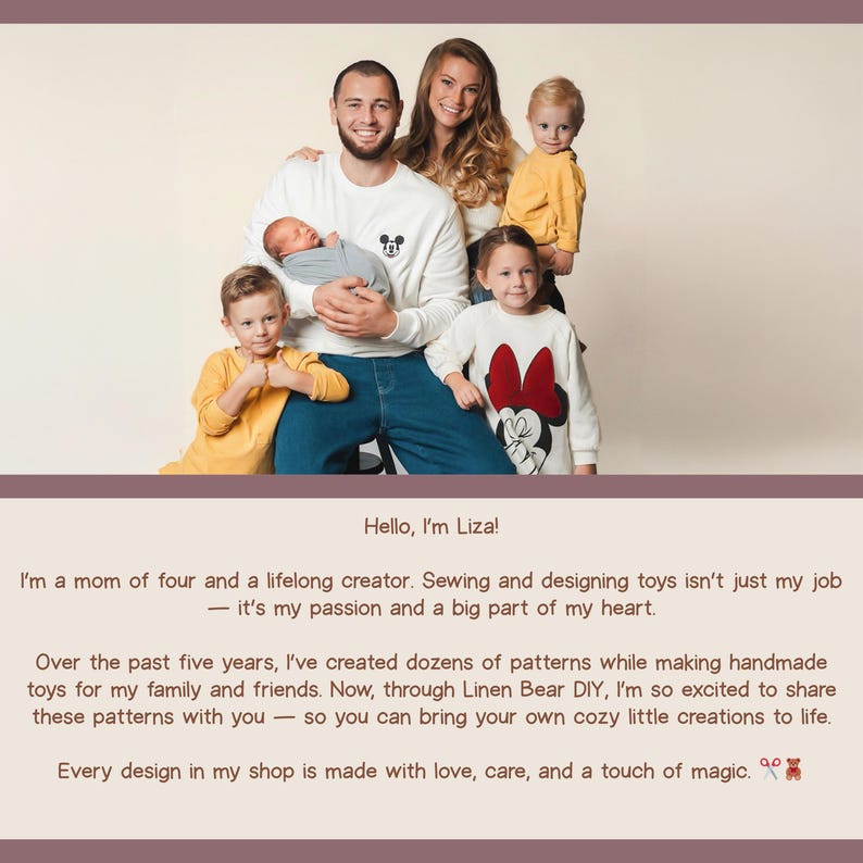 May include: A family of six poses for a photo. The adults are wearing white sweatshirts, and the children are wearing yellow and white tops. The text "Hello, I'm Liza!" is at the bottom of the image.