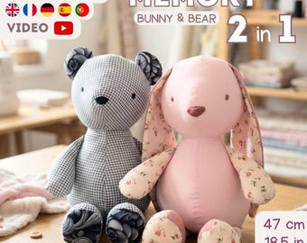 Memory Teddy Bear Bunny Patron PDF 2 en 1, tutoriel de couture vidéo pour débutants