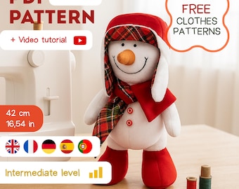 Patron de couture Bonhomme de neige PDF + tutoriel vidéo | Kit de couture DIY pour poupée en tissu de Noël | Peluche en costume | Cadeau déco fait main